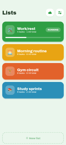 Lists screen - your task lists, each with its own color and total