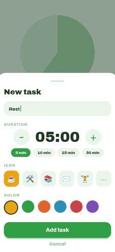 New task screen - name a task and set its duration