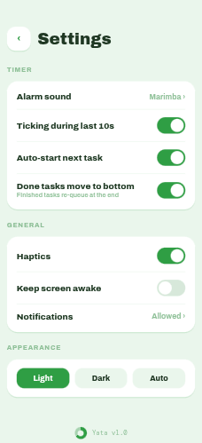 Settings screen