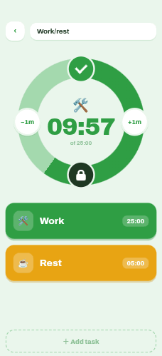 Yata timer screen - a big green ring counting down a task
